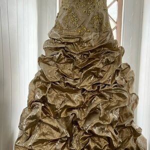 Morgan & Co. Metallic Gold Ruffled Gown